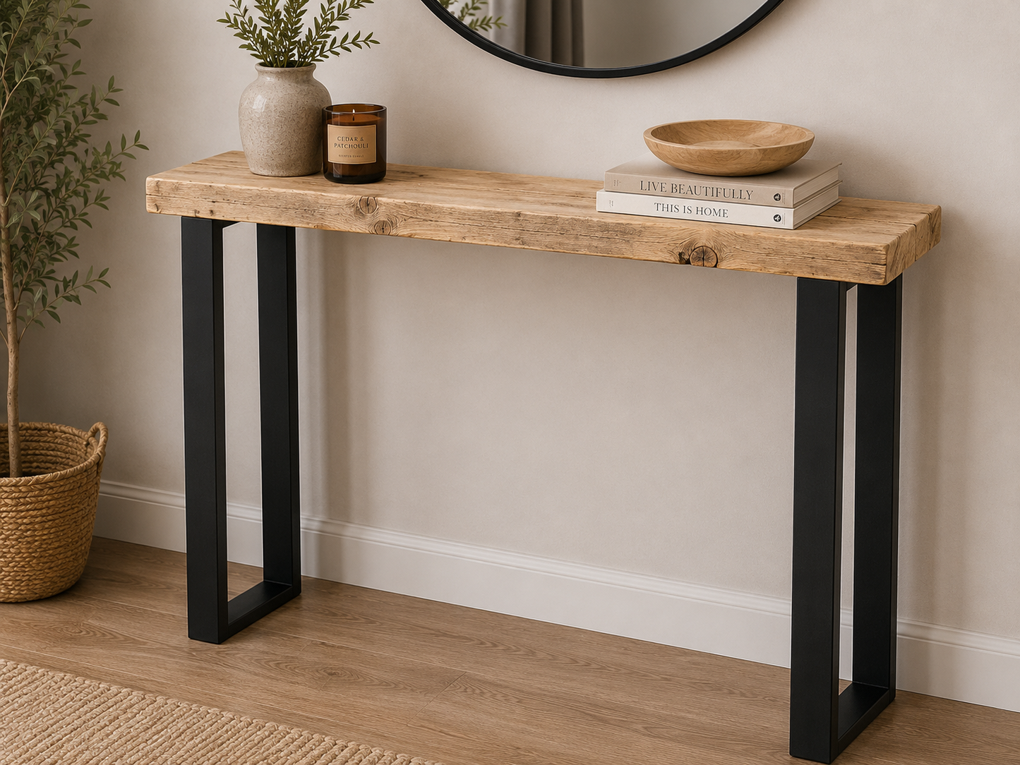 Handcrafted Solid Wood Console Table with Black Metal Legs | Unique Hallway & Entryway Table | 22cm Deep