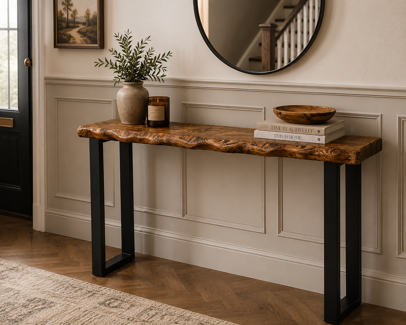 Handmade Rustic Industrial Console Table | Solid Wood & Metal Legs | Custom Console Table 22cm Deep