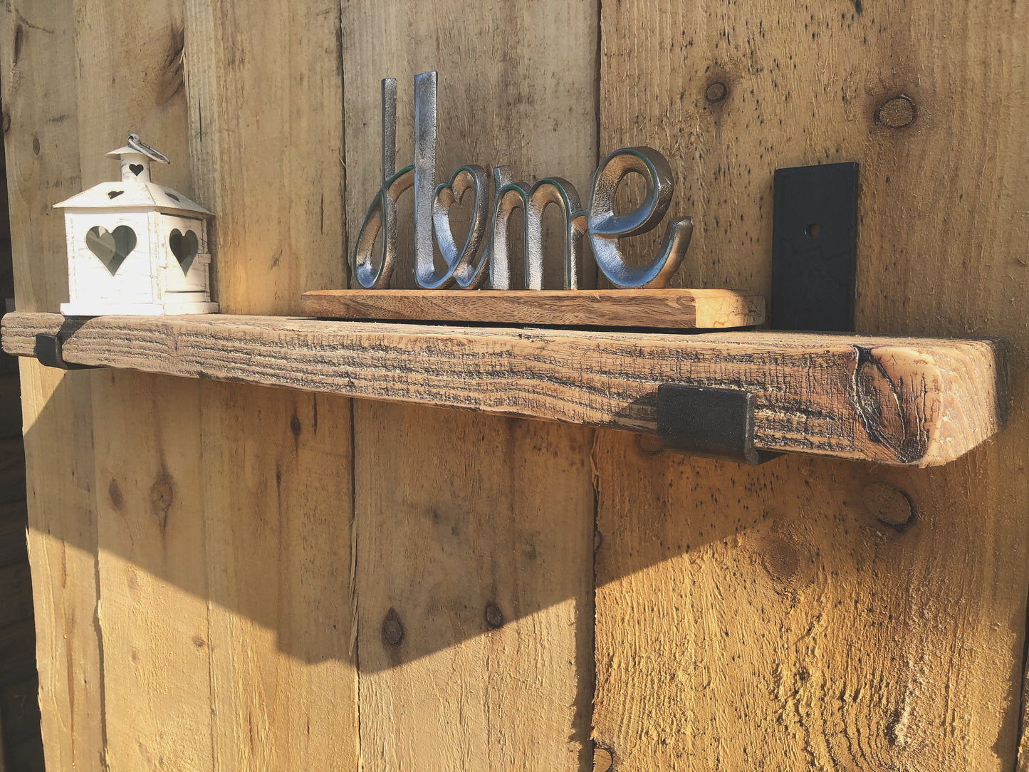 Aged Solid Wood Shelf with Flame Treated Steel Brackets