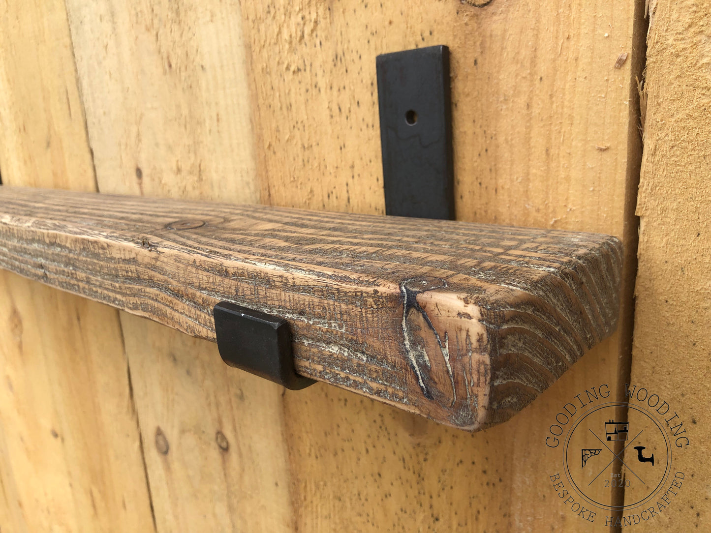 Aged Solid Wood Shelf with Flame Treated Steel Brackets