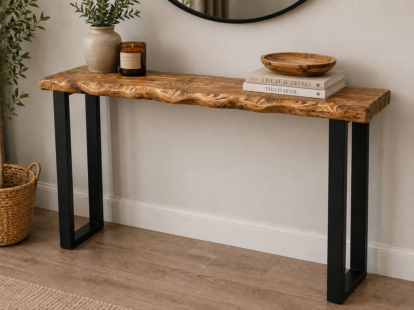 Handmade Rustic Industrial Console Table | Solid Wood & Metal Legs | Custom Console Table 22cm Deep