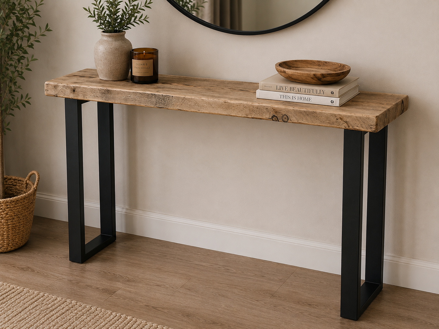 Handcrafted Solid Wood Console Table with Black Metal Legs | Unique Hallway & Entryway Table | 22cm Deep
