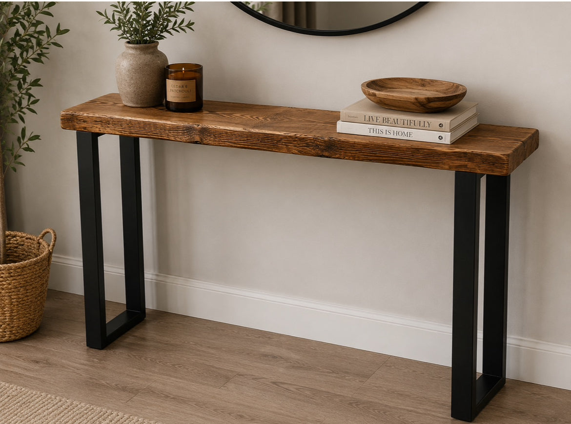 Handcrafted Solid Wood Console Table with Black Metal Legs | Unique Hallway & Entryway Table | 22cm Deep