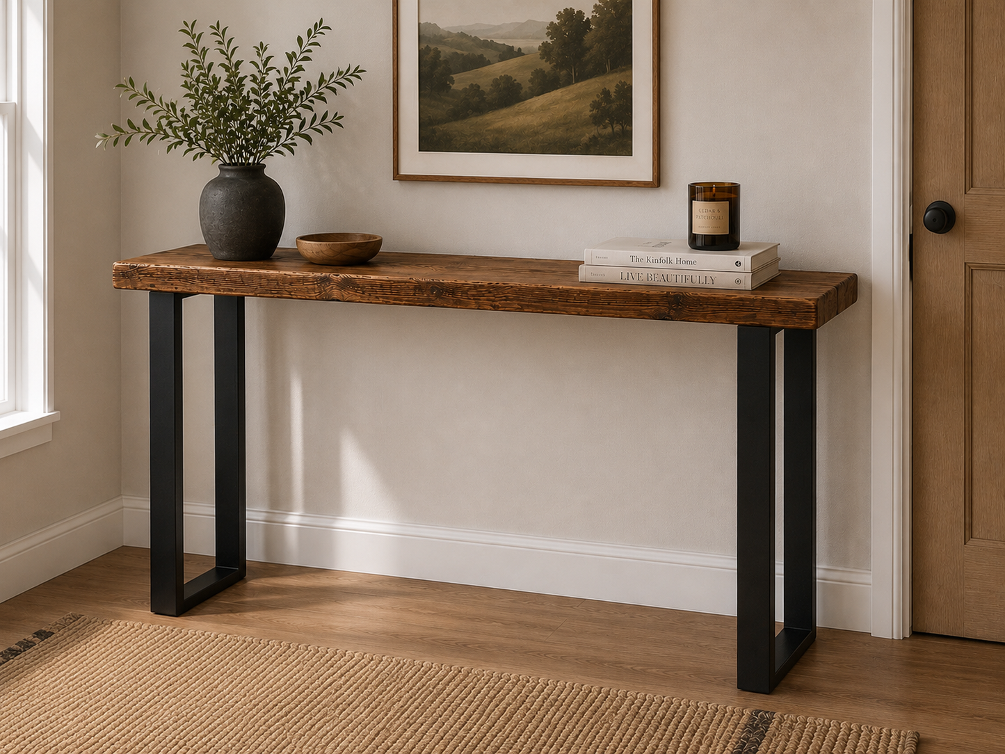Handcrafted Solid Wood Console Table with Black Metal Legs | Unique Hallway & Entryway Table | 22cm Deep