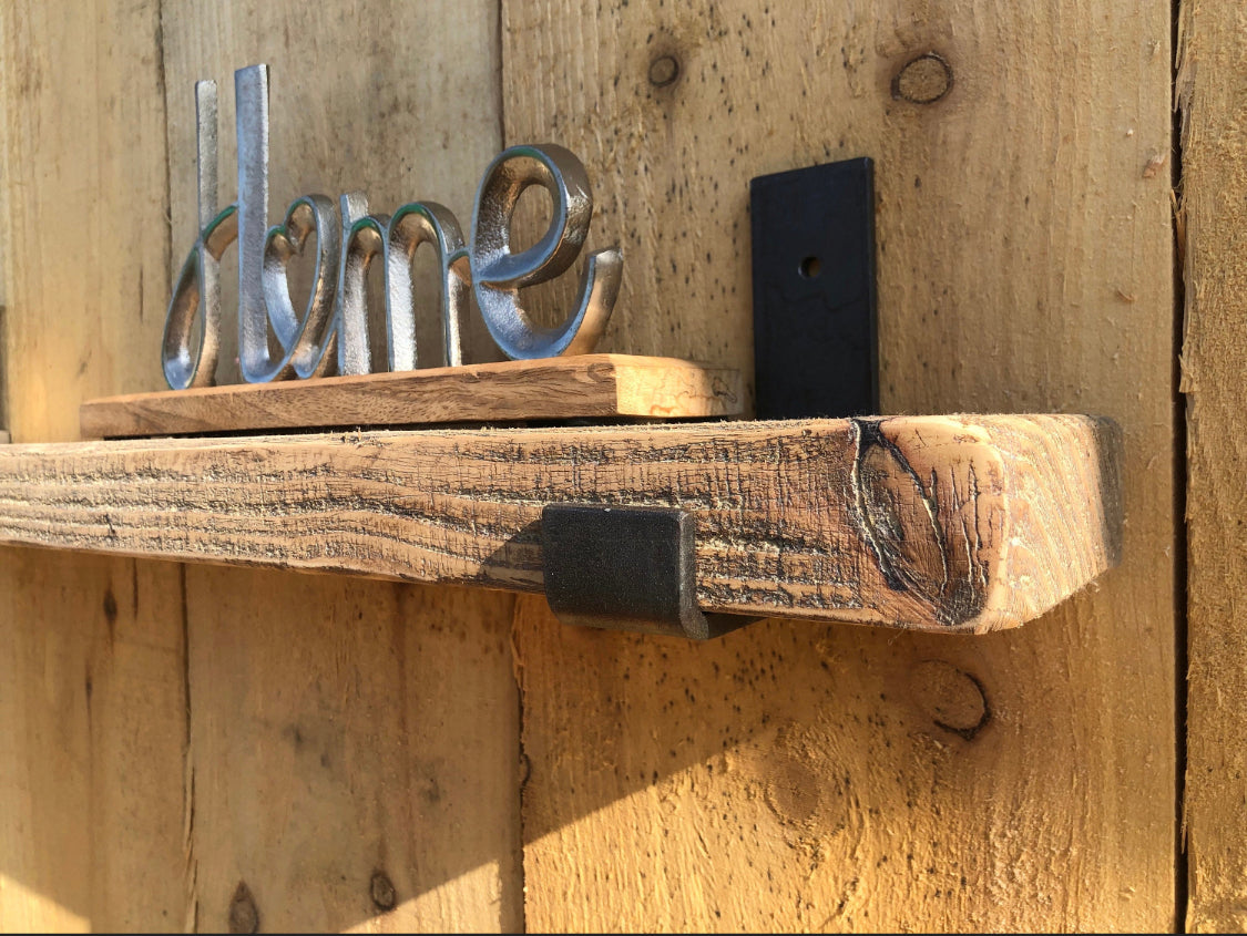 Aged Solid Wood Shelf with Flame Treated Steel Brackets