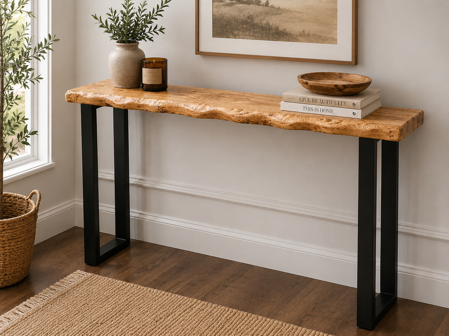Handmade Rustic Industrial Console Table | Solid Wood & Metal Legs | Custom Console Table 22cm Deep