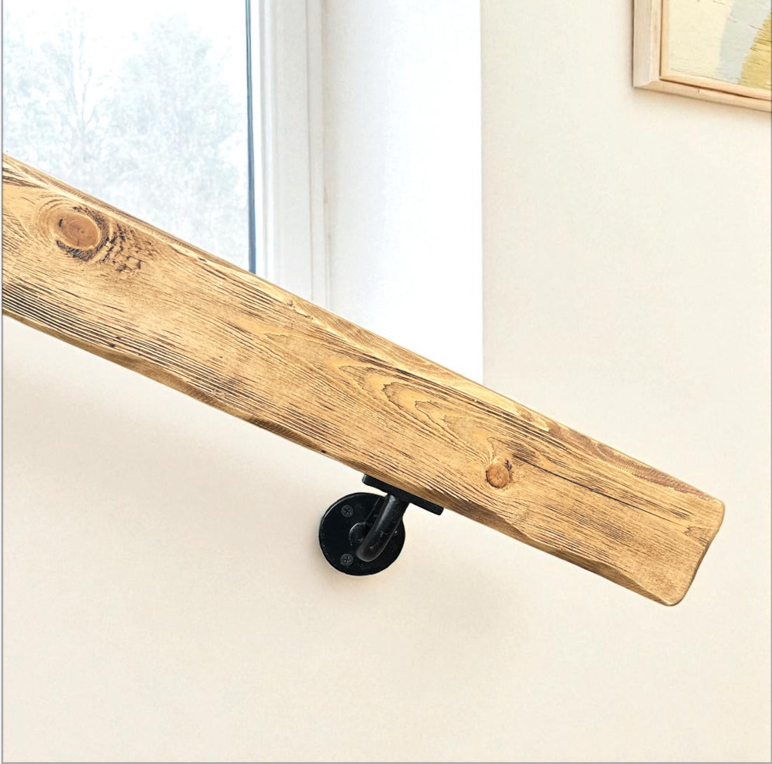 Handmade Solid Wood Handrail with Industrial Steel Brackets