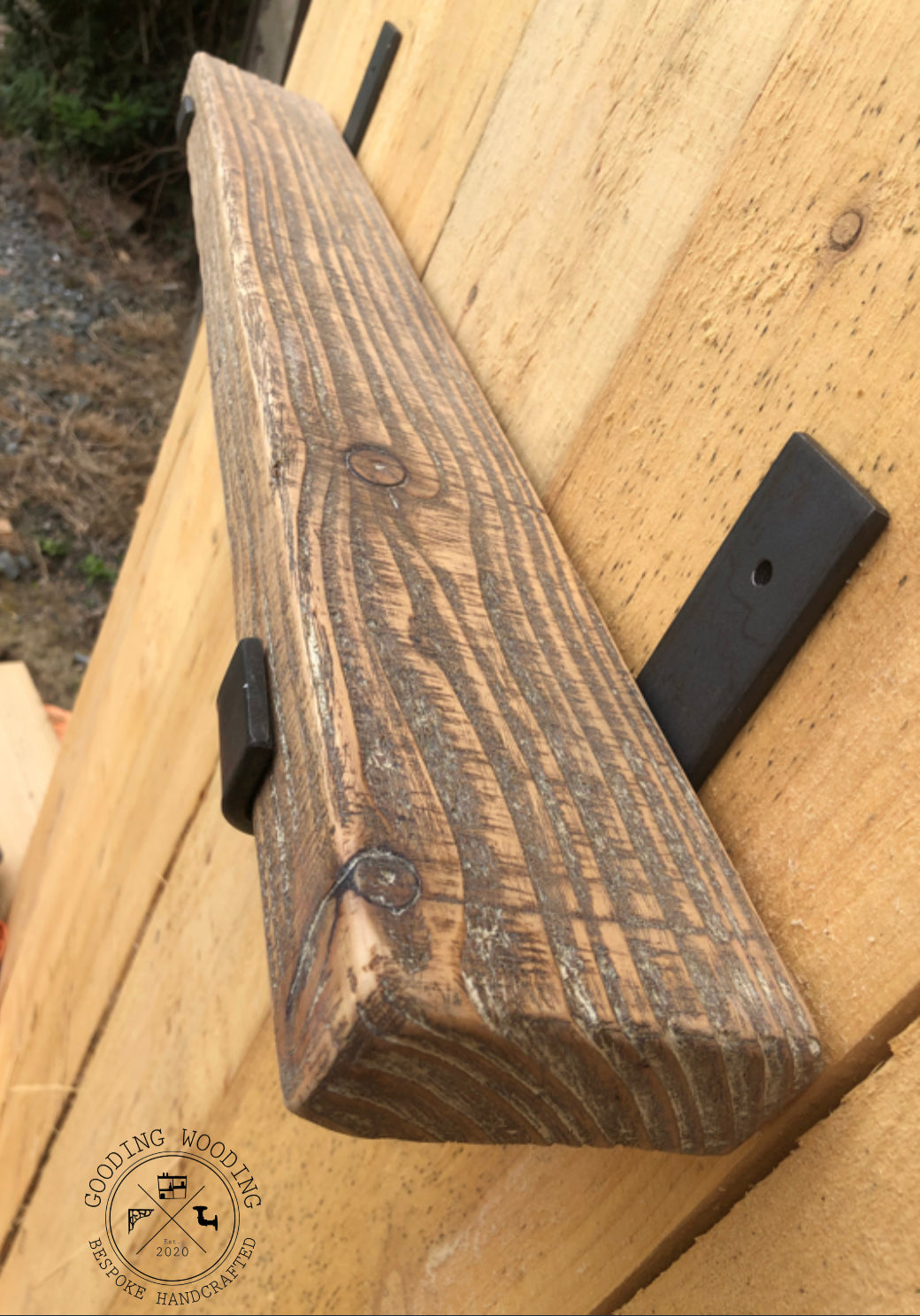 Aged Solid Wood Shelf with Flame Treated Steel Brackets