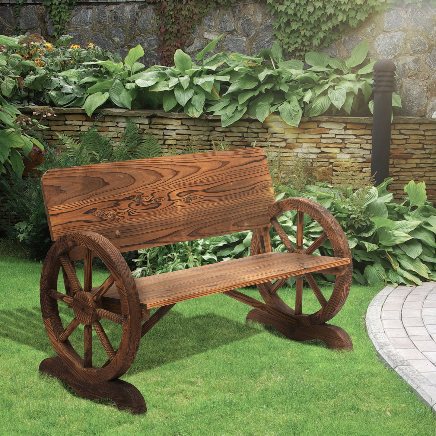 Wooden 2-Seater Outdoor Garden Wagon Wheel Bench |  10% off all Garden furniture