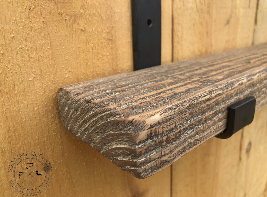 Aged Solid Wood Shelf with Flame Treated Steel Brackets