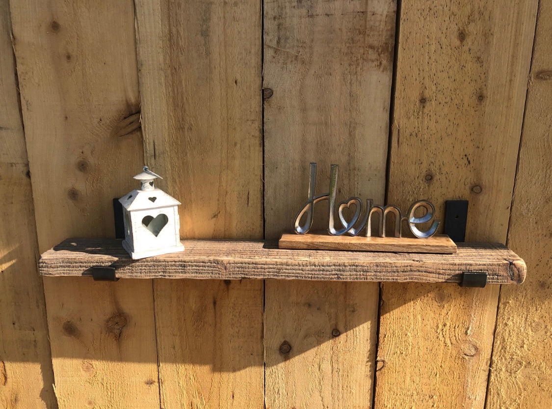 Aged Solid Wood Shelf with Flame Treated Steel Brackets